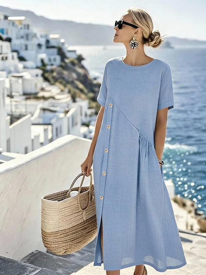 Damen Luftiges Sommerkleid mit seitlicher Knopfleiste, kurzen Ärmeln und Schlitz Shop Nory