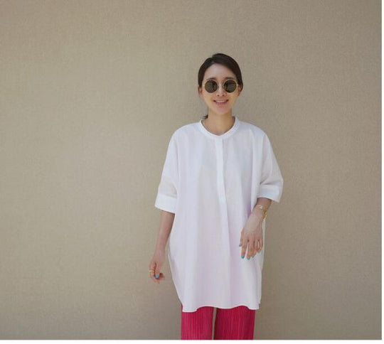 Damen Oversize-Tunikahemd mit Stehkragen, kastiger A-Linie und verlängertem Rückensaum Shop Nory