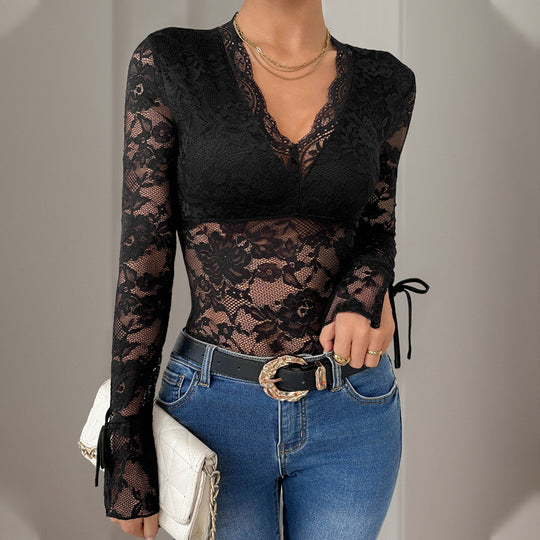 Damen Figurbetonter Spitzen-Body mit semi-transparentem Blumenmesh, V-Ausschnitt & Bindärmeln Shop Nory