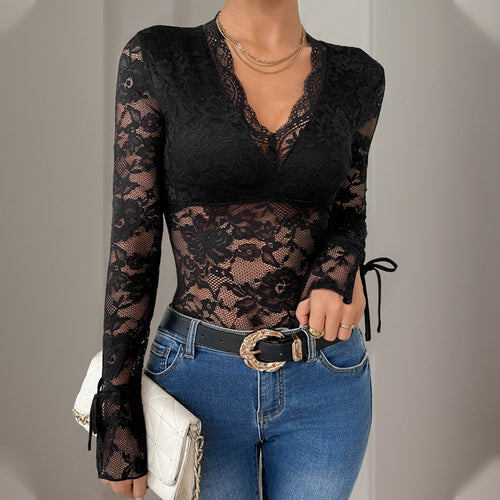 Damen Figurbetonter Spitzen-Body mit semi-transparentem Blumenmesh, V-Ausschnitt & Bindärmeln Shop Nory