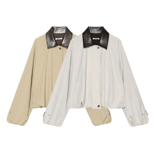 Damen Oversize-Boxy-Jacke mit Karomuster, Kunstleder-Revers und Kordelzugsaum Shop Nory