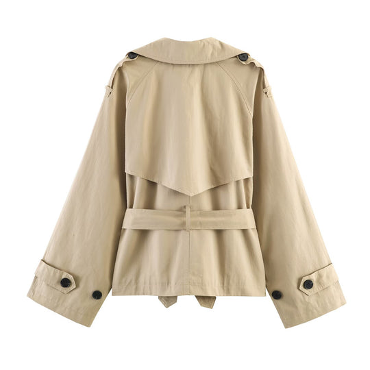 Damen Kurzcape-Trench mit doppelter Knopfreihe, weitem Cape-Ärmel und Taillenbindegürtel Shop Nory