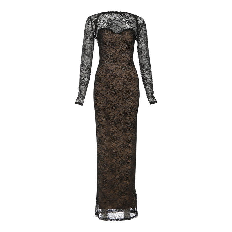Damen Elegantes langes Spitzenkleid mit herzförmigem Ausschnitt und figurbetonendem Schnitt