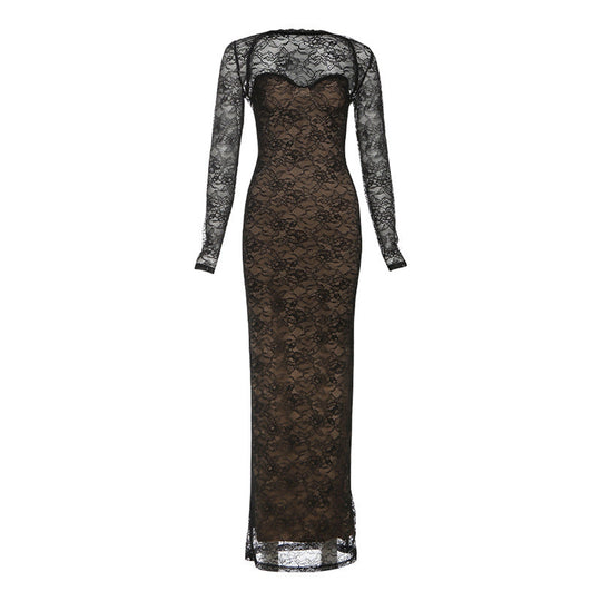 Damen Elegantes langes Spitzenkleid mit herzförmigem Ausschnitt und figurbetonendem Schnitt