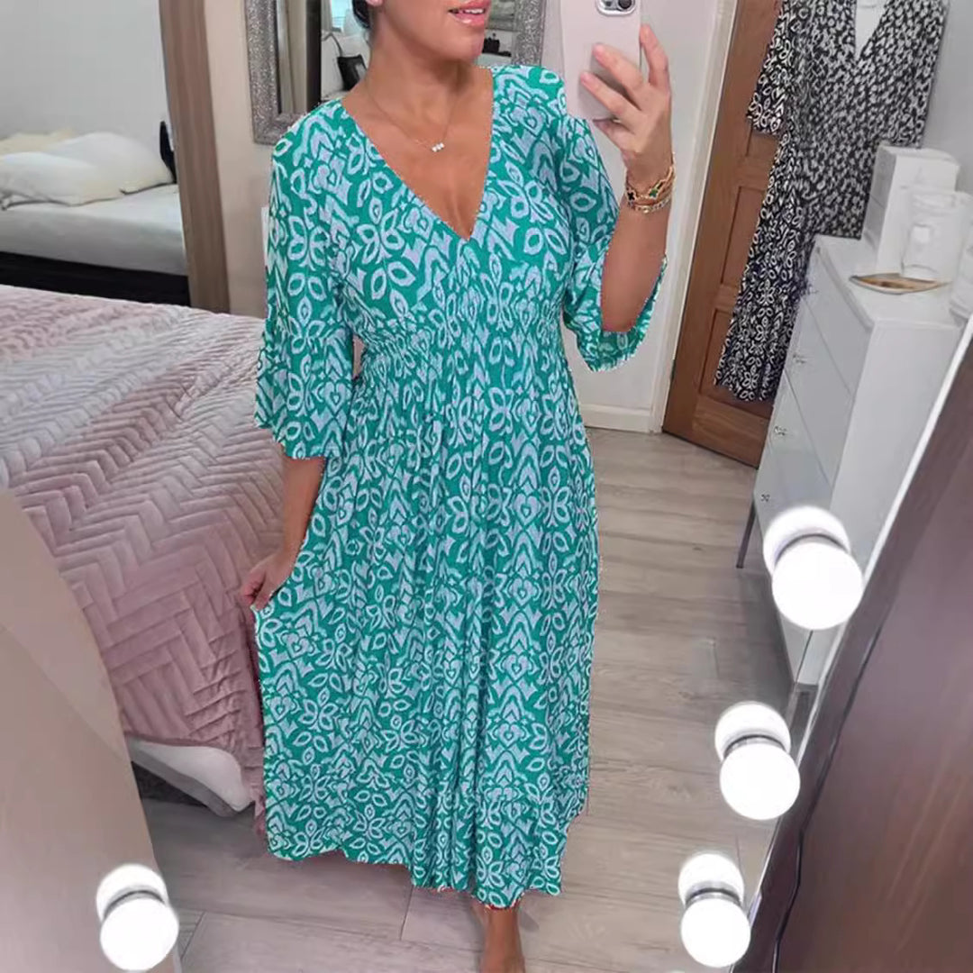 Damen Boho‑Maxikleid mit Smoktaillenband, Wickeloptik‑Dekolleté und Volantärmeln Shop Nory