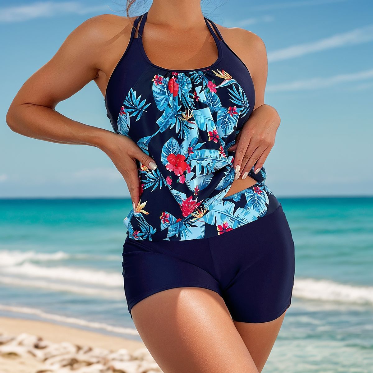 Damen Sportliches Tankini-Set mit modischem Streifenmuster Shopnory