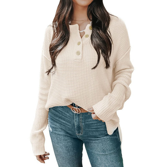 Damen nan lockerer Waffelstruktur Henley Pullover mit Knopfleiste und überschnittener Schulter Shop Nory