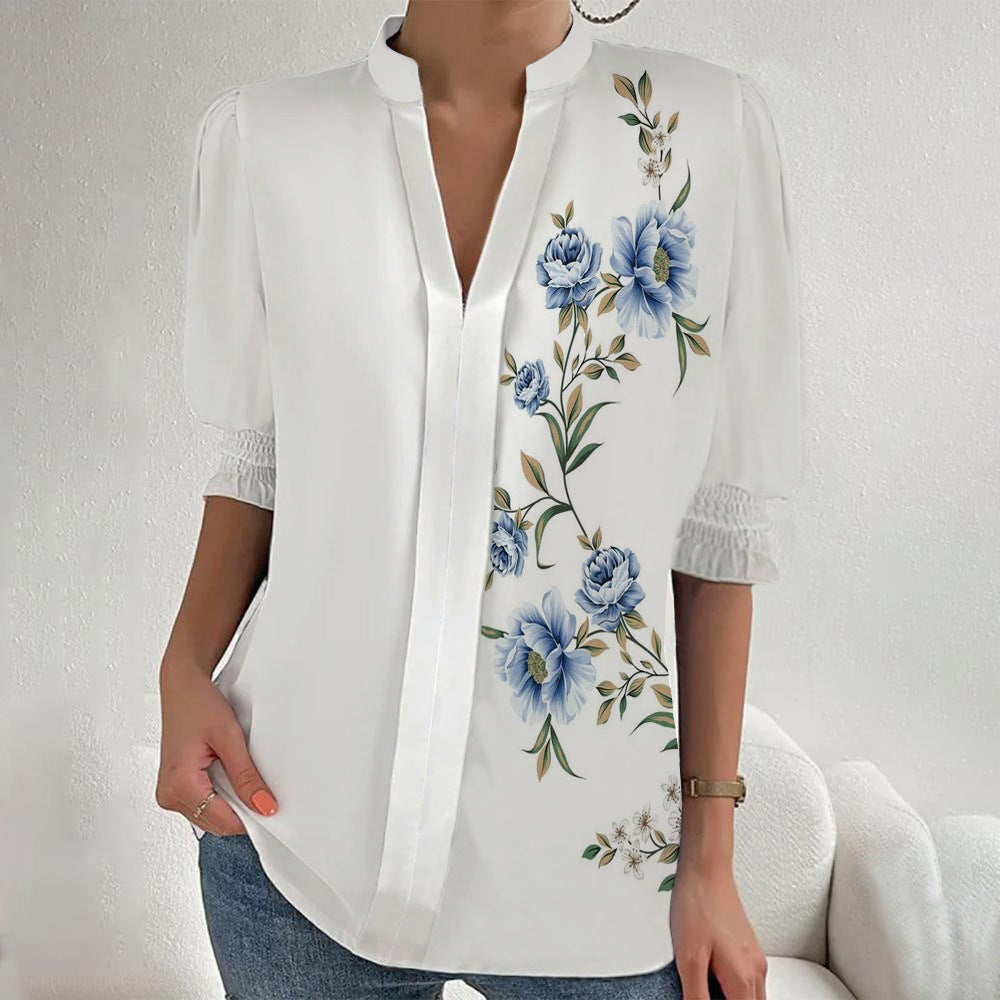 Damen Blumenprint Tunika-Bluse mit Stehkragen, geschlitzter V‑Blende und gerafften 3/4-Ärmeln Shop Nory