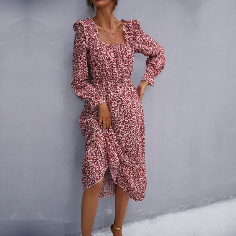 Damen Romantisches Midikleid mit quadratischem Ausschnitt, geraffter Taillenpassform und Stufenvolant Shop Nory