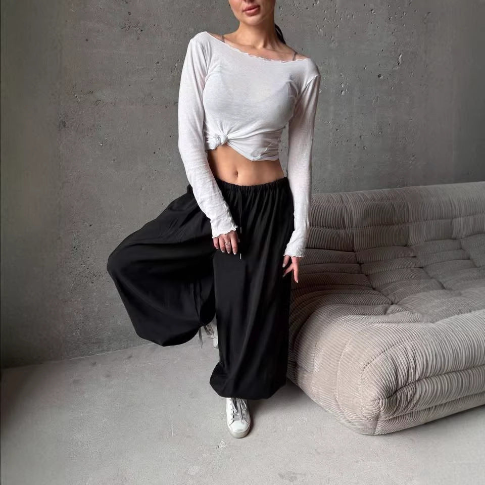 Damen weite Harem-Ballonhose mit hohem Elastikbund, Tunnelzug und lässiger Weite Shop Nory