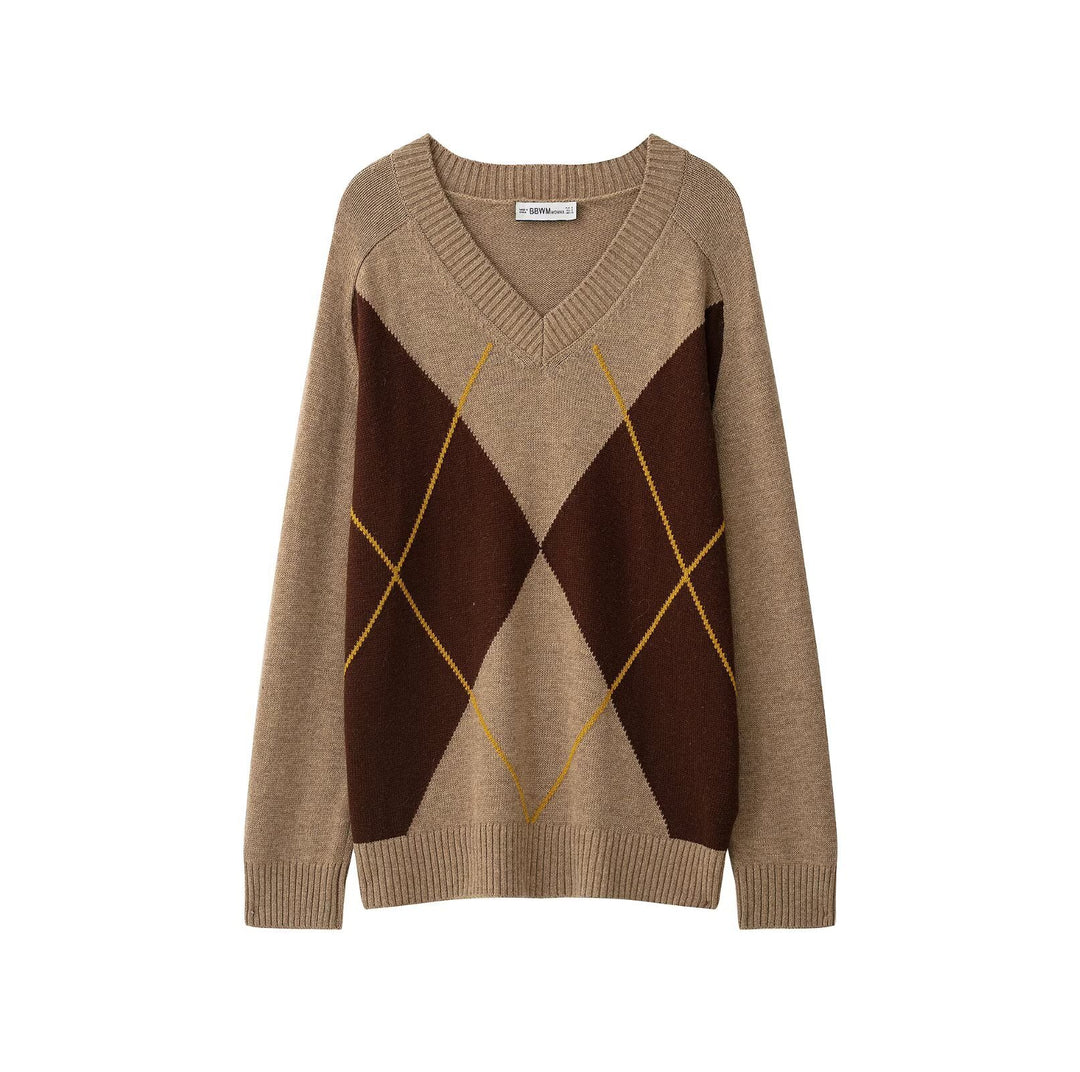 Damen Oversize V‑Ausschnitt Pullover mit Rautenmuster und Rippenbündchen Shop Nory