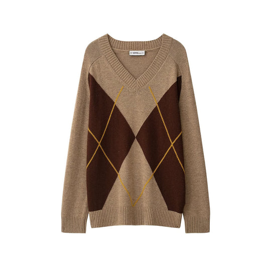Damen Oversize V‑Ausschnitt Pullover mit Rautenmuster und Rippenbündchen Shop Nory