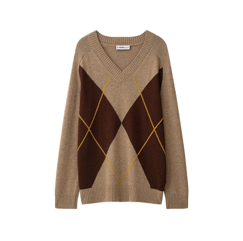 Damen Oversize V‑Ausschnitt Pullover mit Rautenmuster und Rippenbündchen Shop Nory