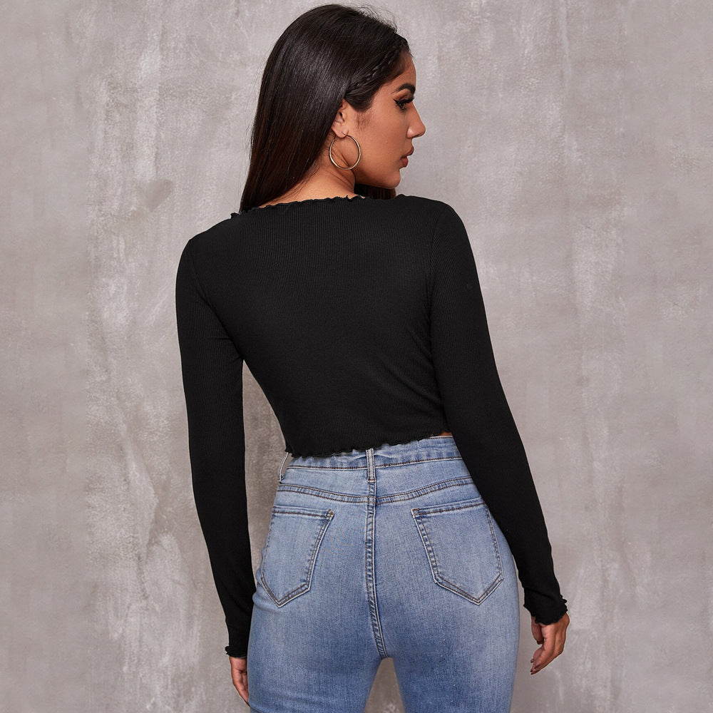 Damen geripptes Cropped-Longsleeve mit Tunnelzugvorderseite, Bindekordeln und gewelltem Saum Shop Nory