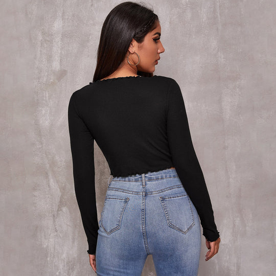 Damen geripptes Cropped-Longsleeve mit Tunnelzugvorderseite, Bindekordeln und gewelltem Saum Shop Nory