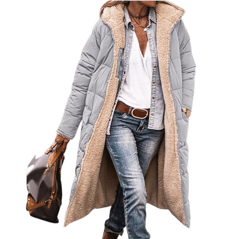 Damen langer Steppmantel mit Teddy-Innenfutter, Kapuze und wärmender Wattierung Shop Nory