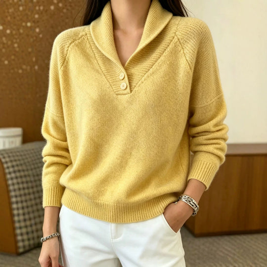 Damen Weicher Schalkragen‑Pullover mit halber Knopfleiste und Raglanärmeln Shop Nory