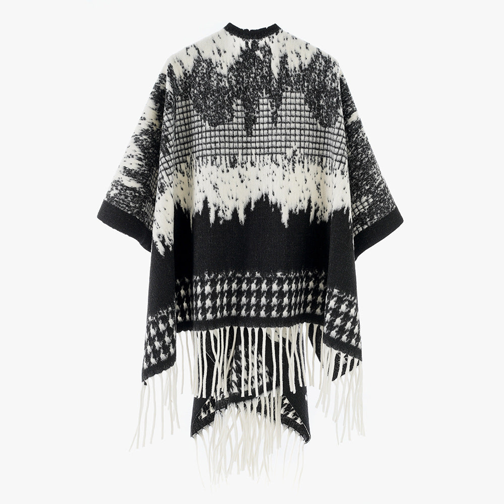 Damen Monochromer Jacquard-Capeponcho aus Wollmix mit Fransen und Oversize-Fall Shop Nory