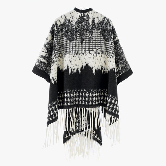Damen Monochromer Jacquard-Capeponcho aus Wollmix mit Fransen und Oversize-Fall Shop Nory