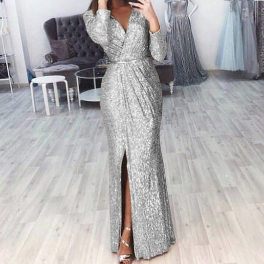 Damen Abendkleid mit Wickelfront, langem Beinschlitz und taillierter Meerjungfrauen‑Silhouette Shop Nory