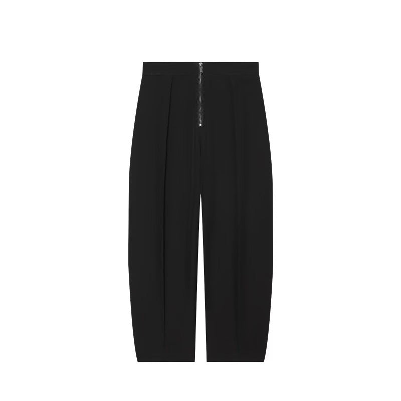 Damen weite Cropped-Hose mit hoher Taille, Kellerfalten und sichtbarem Frontreißverschluss Shop Nory