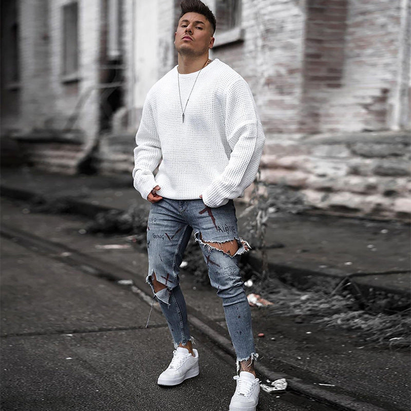 Herren Atmungsaktiver Waffelstrick-Pullover Slim-Fit mit Rippenbündchen Shop Nory
