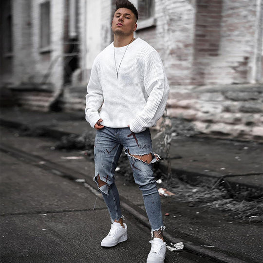 Herren Atmungsaktiver Waffelstrick-Pullover Slim-Fit mit Rippenbündchen Shop Nory