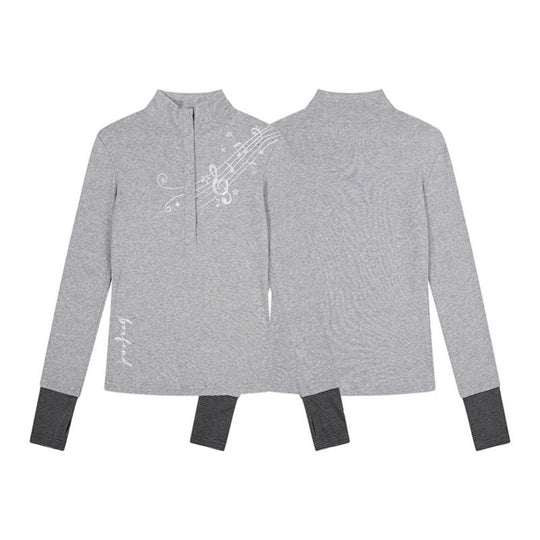 Damen Langarmshirt mit Henley-Knopfleiste, Kontrastbündchen und Notenprint Shop Nory