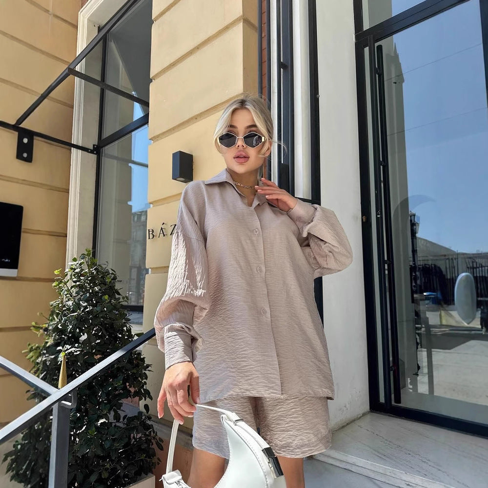 Damen Zweiteiliges texturiertes Loungewear‑Set mit Oversized‑Hemd und elastischer Taillen‑Shorts Shop Nory