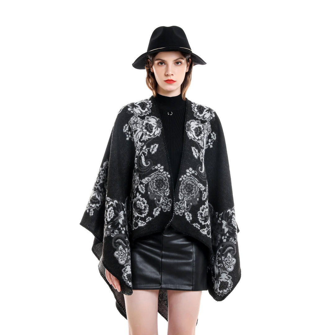 Damen Reversibler Strick-Umhang mit floraler Jacquard‑Webung und Zierkettelnaht Shop Nory