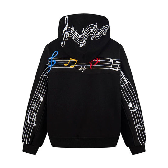 Damen Oversize Kapuzenpullover mit musikalischer Notenstickerei und geripptem Saum Shop Nory
