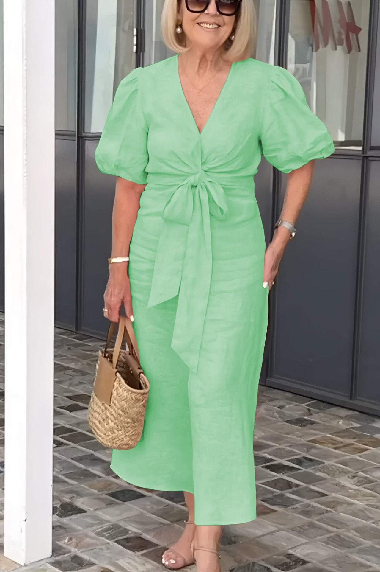 Damen Maxikleid mit eleganten Puffärmeln und Taillenknoten