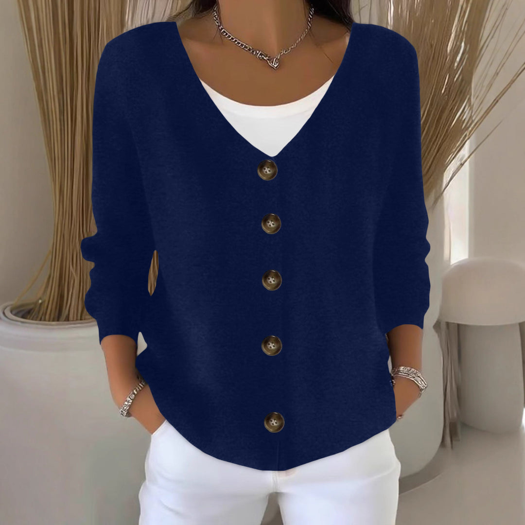 Damen Lockerer V-Ausschnitt Feinstrick-Cardigan mit Holzknopfleiste Shop Nory