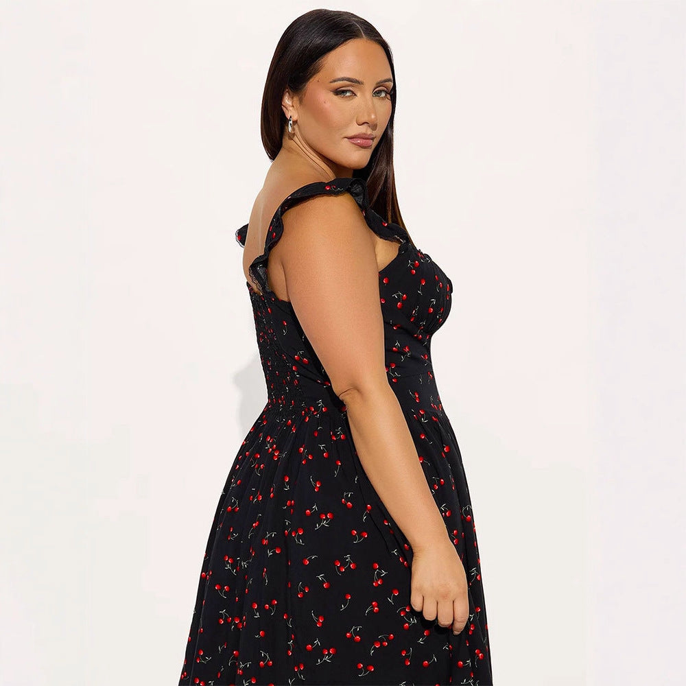 Damen Sommerkleid mit verspieltem Kirschmuster und Spitzenakzenten Shopnory