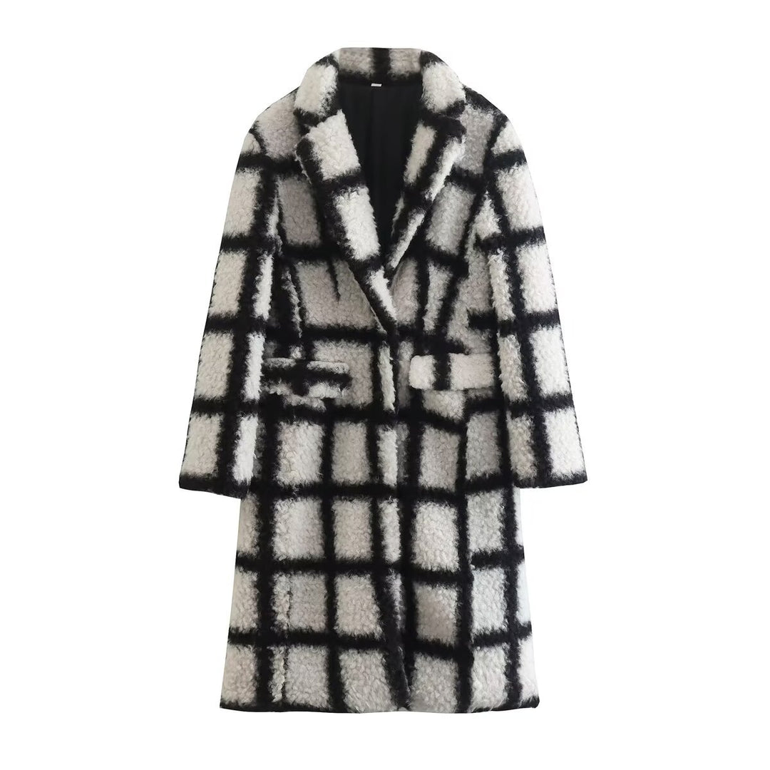 Damen Langer Karierter Teddymantel mit Reverskragen und aufgesetzten Pattentaschen Shop Nory