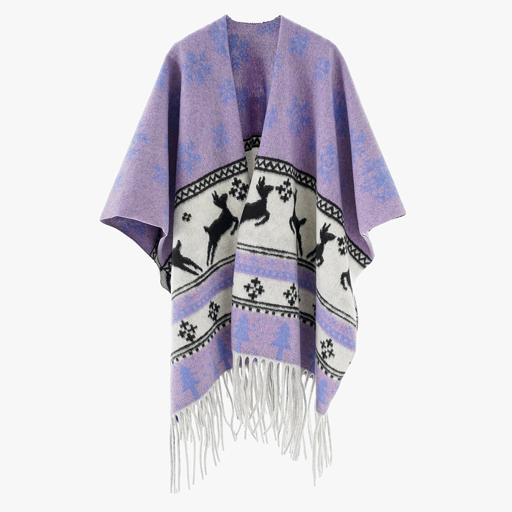 Damen Oversize-Poncho mit Norweger-Motiv und Fransen aus Wollmix Shop Nory