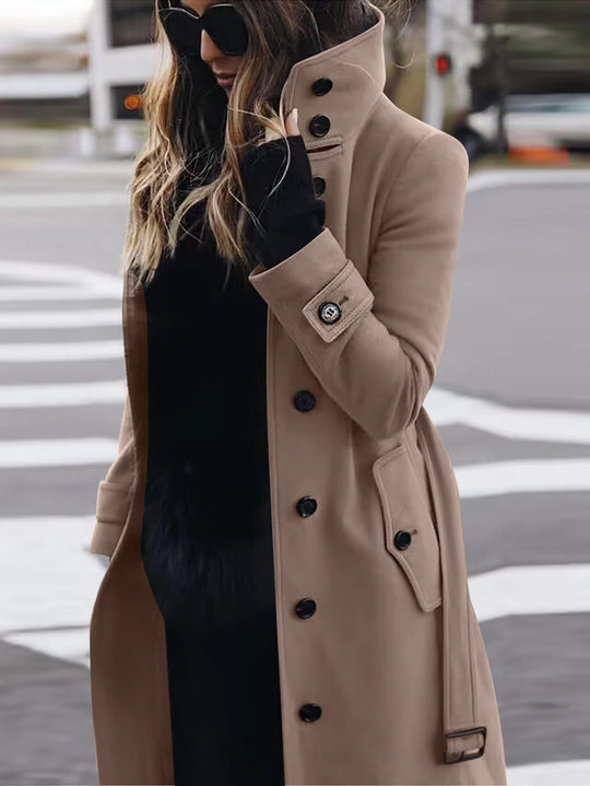 Damen Doppelreihiger Trenchcoat mit hohem Stehkragen, Taillengürtel und Manschetten-Detail Shop Nory