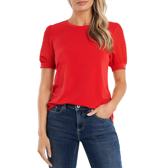 Damen Tailliert-lockeres Jersey-Shirt mit perlenbesetzten Puffärmeln Shop Nory