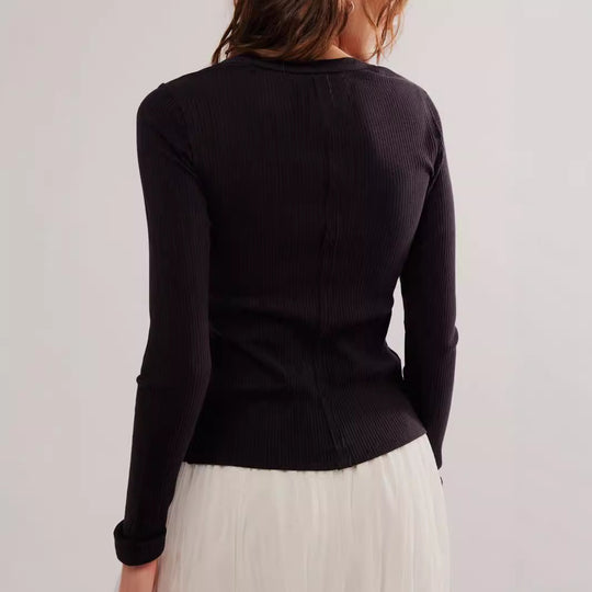 Damen gerippte taillenbetonte Knopf-Strickjacke mit Rundhals Shop Nory