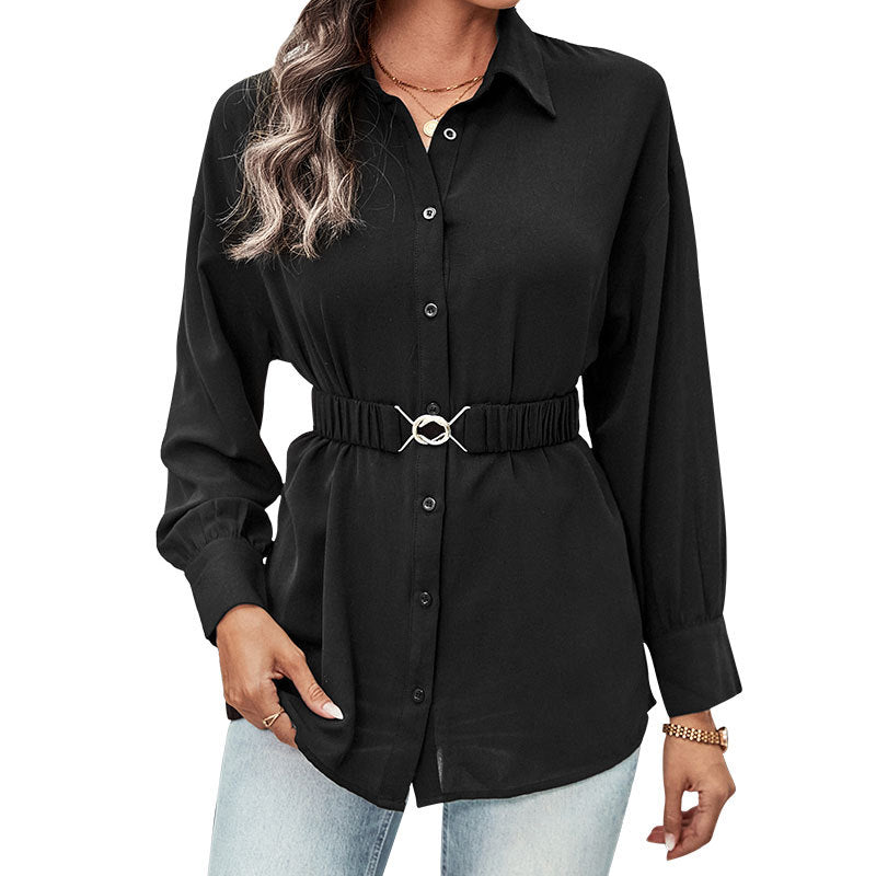 Damen Hemdblusenshirt mit elastischem Taillenband und Schmuckschließe Shop Nory