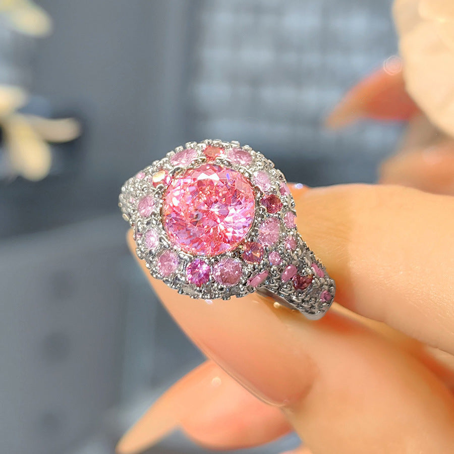Damenring mit funkelndem pinkem Kristallbesatz und elegantem Silberrahmen Shop Nory