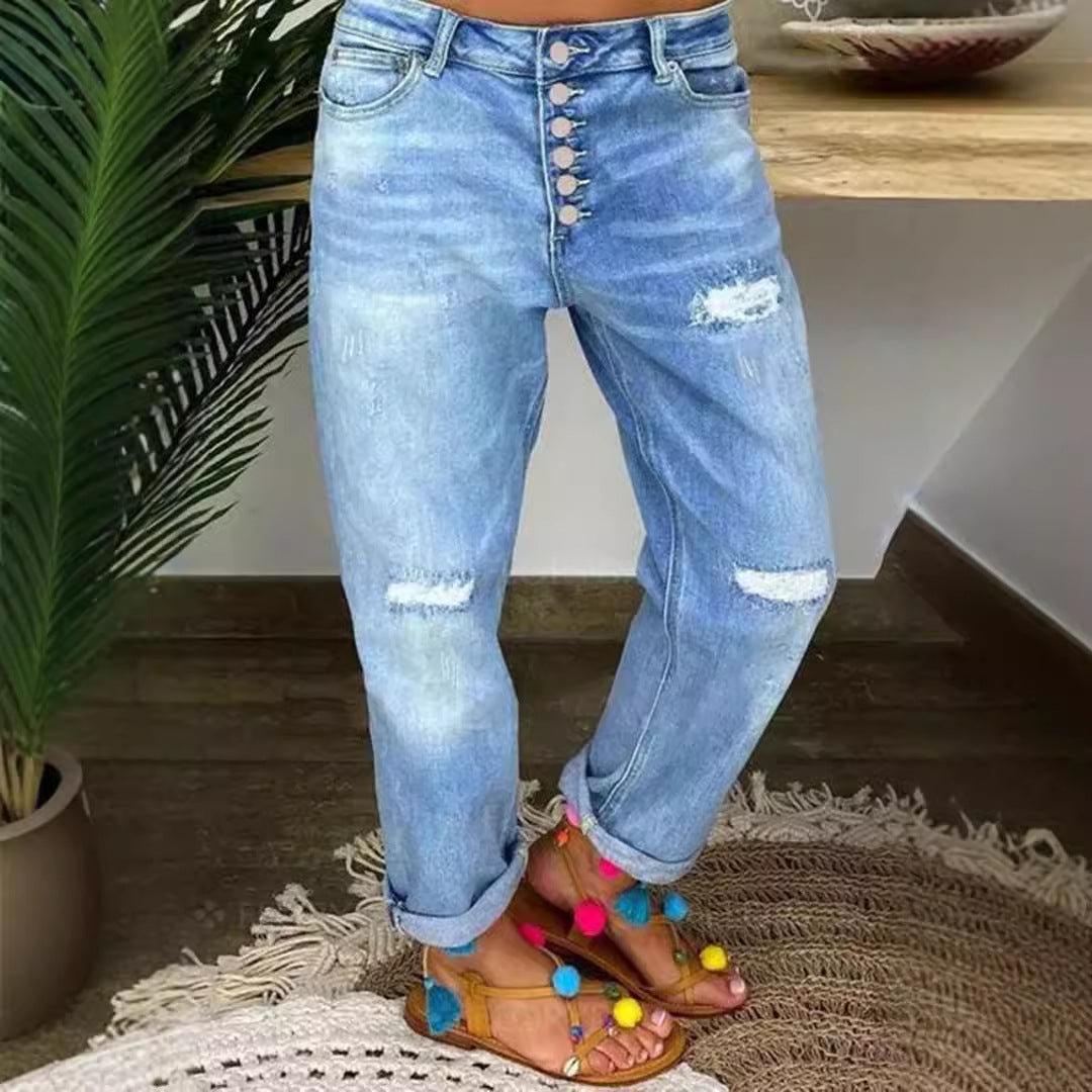 Damen Boyfriend Jeans mit Knopfverschluss und Distressed-Details