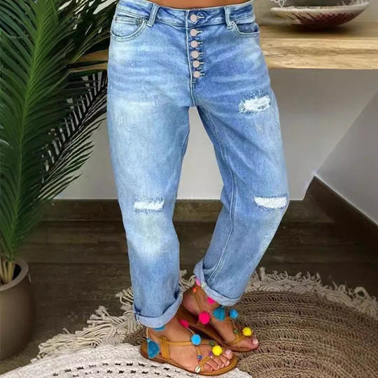 Damen Boyfriend Jeans mit Knopfverschluss und Distressed-Details