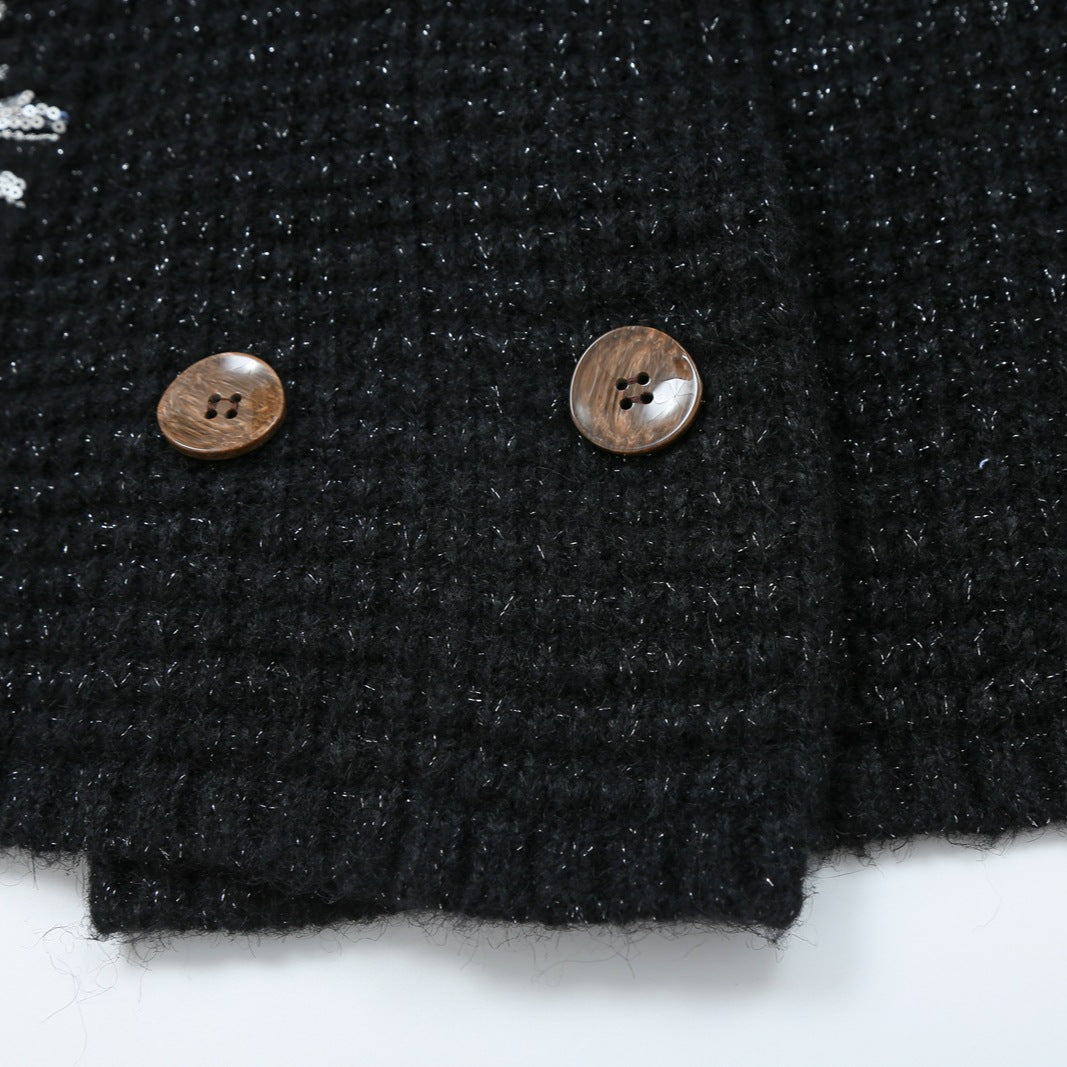 Damen Grobgestrickter Double-Breasted Cardigan-Mantel mit Schalkragen und Perlen‑Pailletten-Applikation Shop Nory