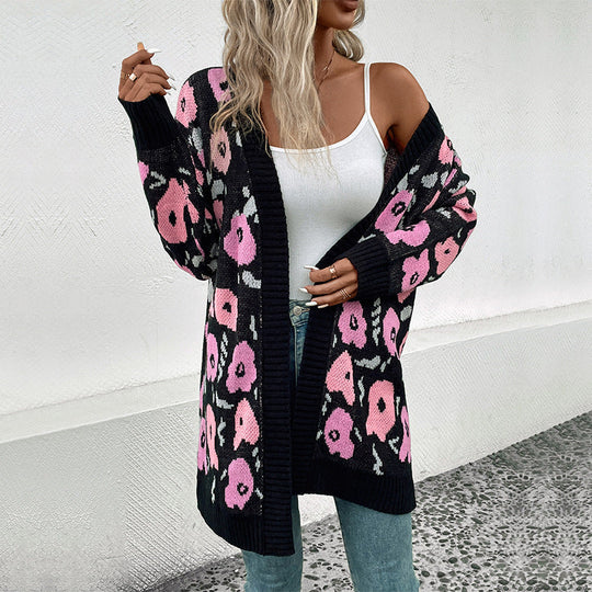 Damen Langer offener Strickcardigan mit Leo-Jacquardmuster und gerippten Säumen Shop Nory