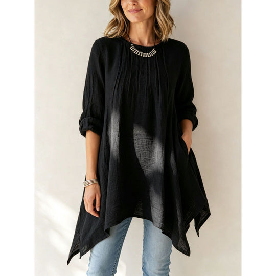 Damen Lässige Long-Tunika mit Handtuchsaum, Kräusel-Biesen und Eingrifftaschen Shop Nory