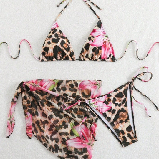Damen Bikini-Set mit elegantem Leopardenmuster und verspielten Blumendetails