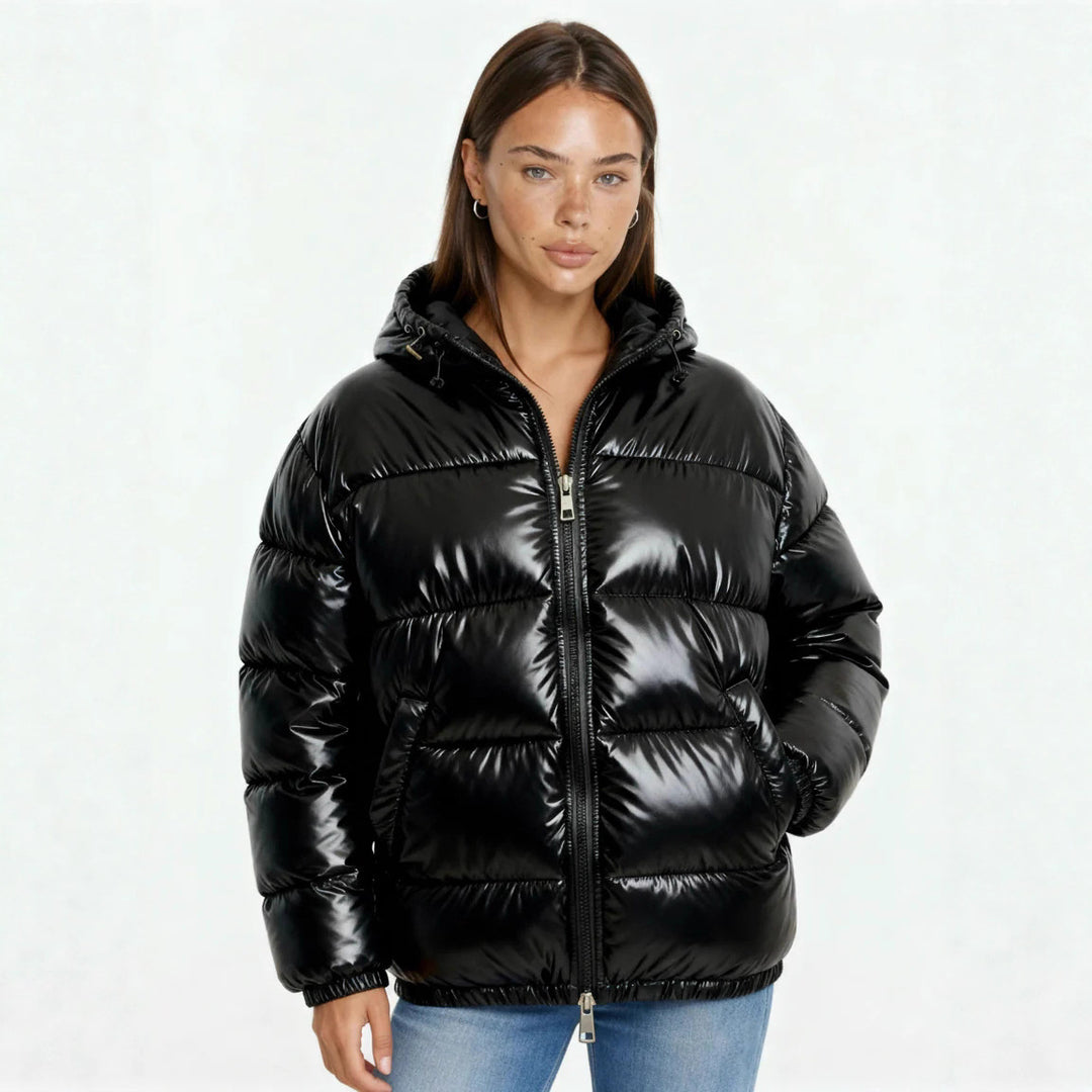 Damen Hochglanz Steppjacke mit Kapuze