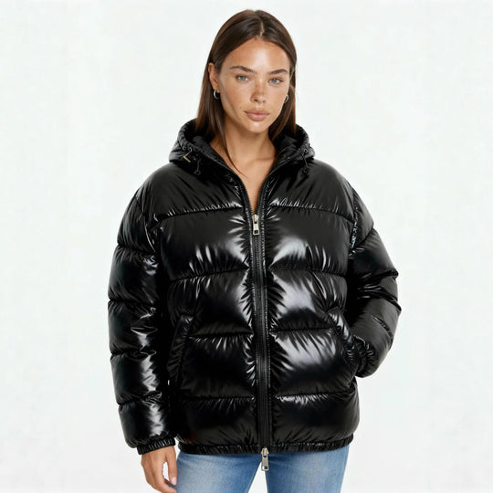 Damen Hochglanz Steppjacke mit Kapuze
