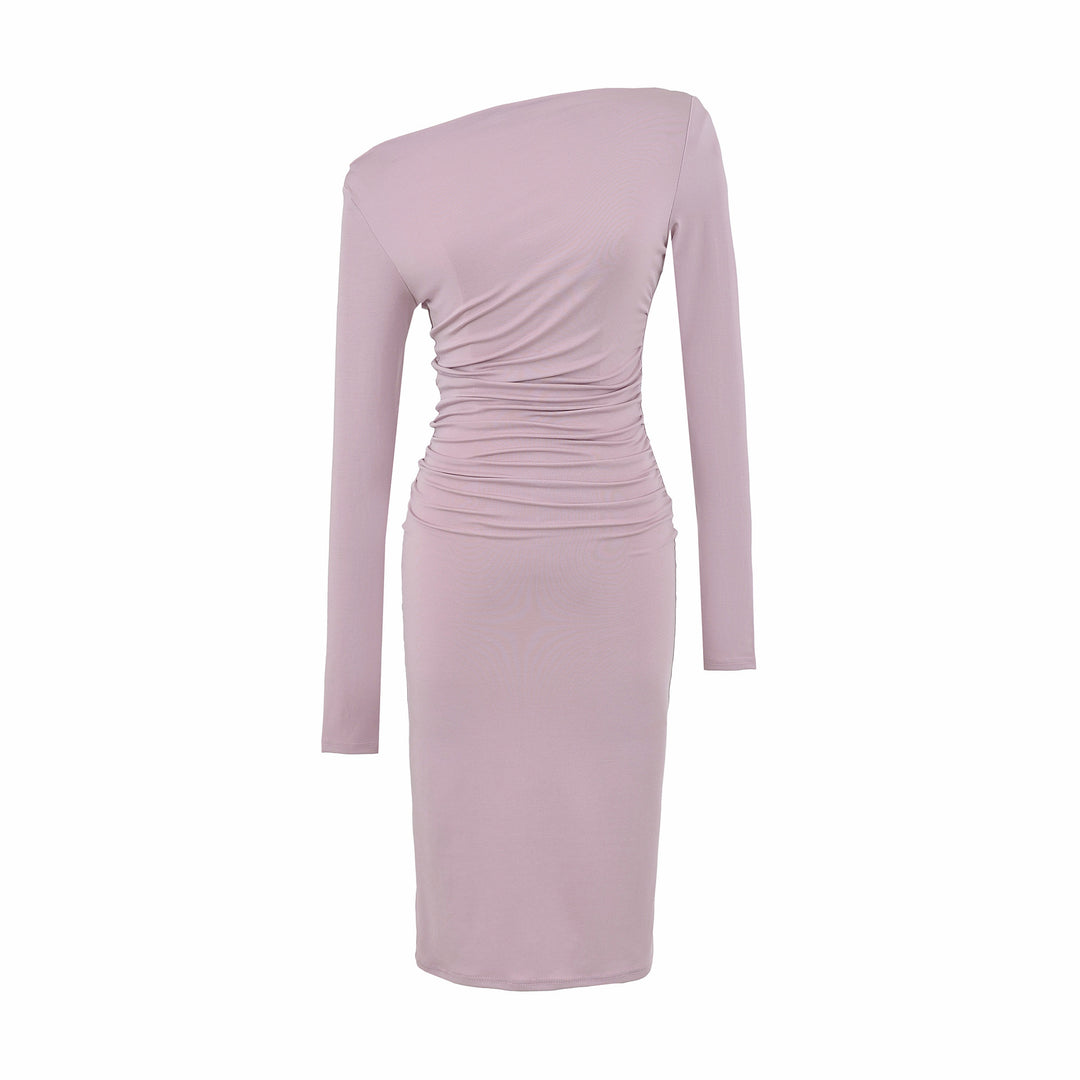 Damen Asymmetrisches Ein-Schulter-Midikleid mit Raffung und Langarm Shop Nory